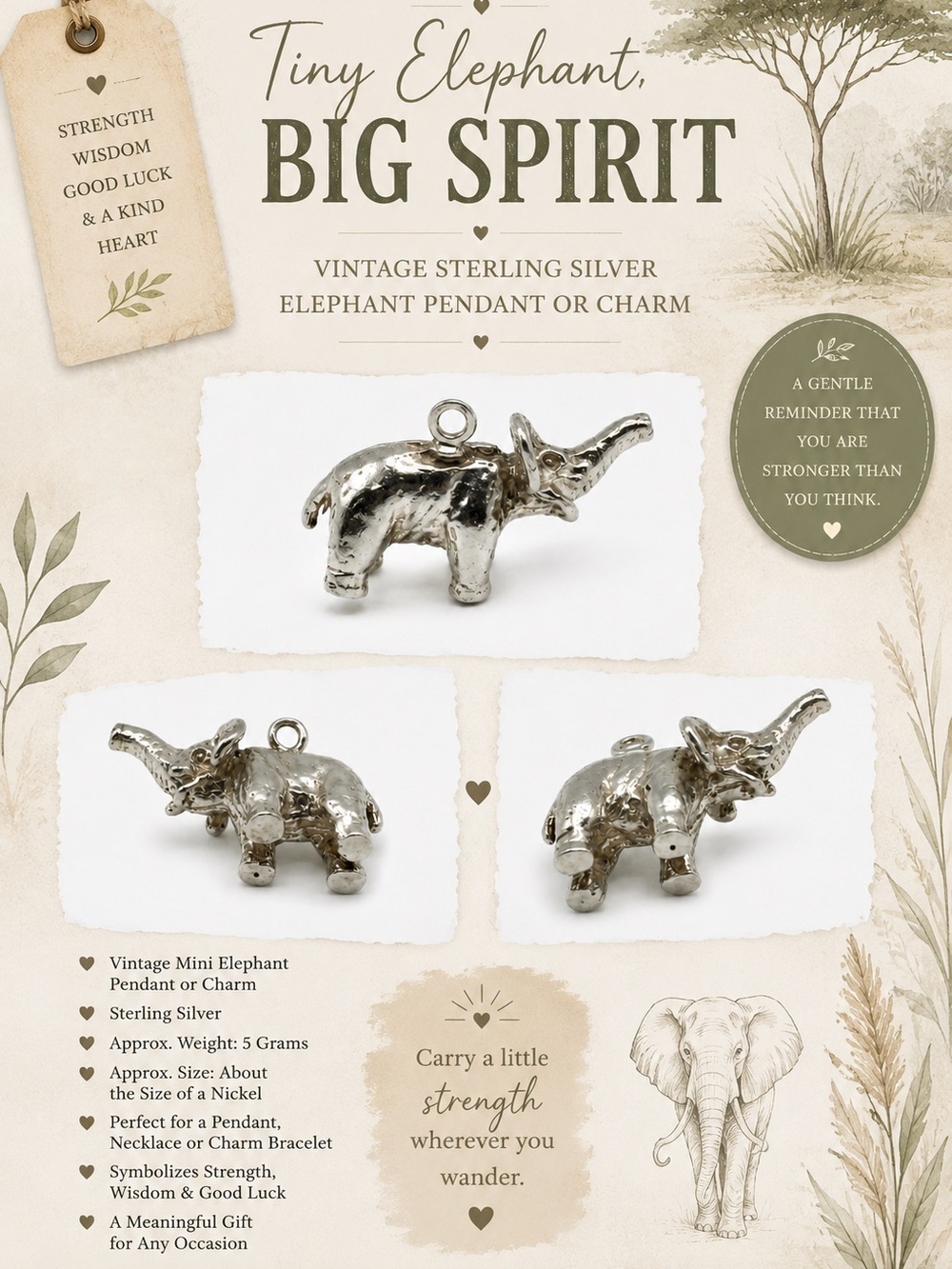Vintage Sterling Silver Elephant Pendant - Tiny Elephant Big Spirit